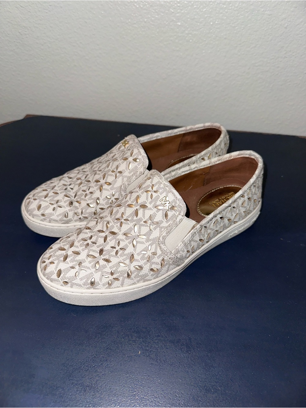 Michael Kors White Slip-On Moccasins with Gold Accents